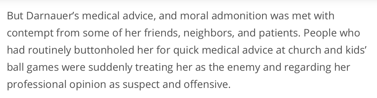 This article on the one hand has great reporting & quotes, & OTOH fails to name the crucial driver. Neighbors treating formerly trusted doctors "as the enemy", health directors "requiring guards": these things did not Just Happen, !  https://www.witf.org/2020/12/28/toxic-individualism-pandemic-politics-driving-health-care-workers-from-small-towns/