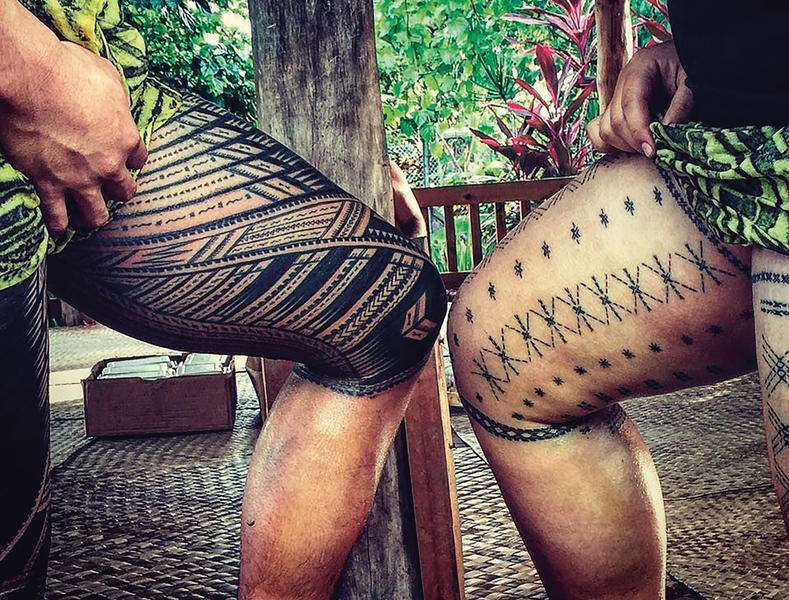 Our men are marked with the Pe'a (left) & women are marked with the Malu (right). These practices survived colonisation and religion and are our most sacred and traditional forms of tatau.