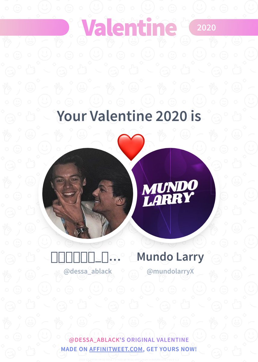 ✨ Valentine

This year you're mine mundolarryX! ❤️
And you, whom will be yours?

➡️ affinitweet.com/valentine