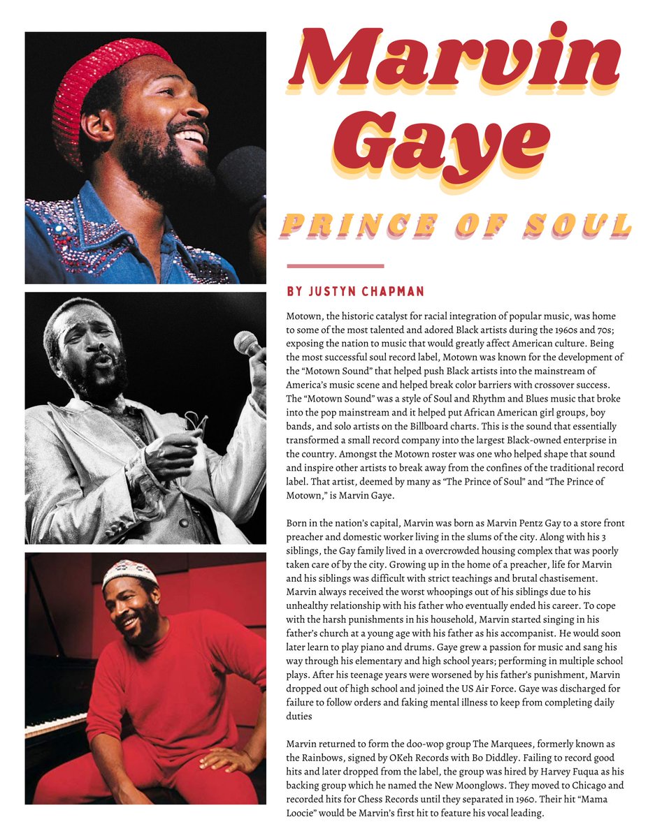 jxstyn_inc's tweet photo. Love researching about the Prince of Soul!! The One and Only, Marvin Gaye. One of my inspirations and favorite artists of all time. Check out my project for The Clive Davis Institute x Billboard Music Industry Essentials program
@YellowbrickMus1
#MusicUproject https://t.co/ymAyDUtOYt