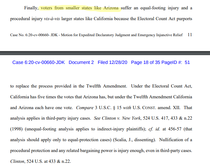 I'd have to dive into the cases to deal with this & this suit is so stupid in so many other case-killing directions that it's not worth it. But excuse me, when did "voters from smaller states like Arizona" become a plaintiff so that the Court can consider their supposed injury?