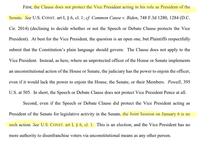 OK? Like, yes, I agree, the Speech and Debate Clause doesn't mean you can't sue to have the Electoral Count Act declared unconstitutional, but who would ever argue that that clause bars a constitutional challenge to a law?? Same for sovereign immunity.