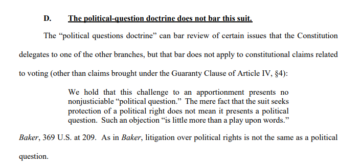 This, on the other hand, is lunacy. Political question doctrine basically means that the courts don't intervene in how the other branches handle their purely internal business (for example, fights between congress and the President). There is nothing more "how we handle internal