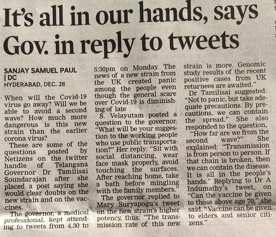 Hon'ble #GovernorOfTelangana #DrTamilisaiSoundararajan holds #Covid_19 awareness session on Twitter, Answers queries.