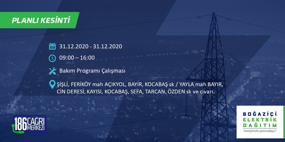31.12.2020 tarihli Şişli ilçesi planlı kesinti 
<a href="/sislibelediyesi/">Şişli Belediyesi</a>