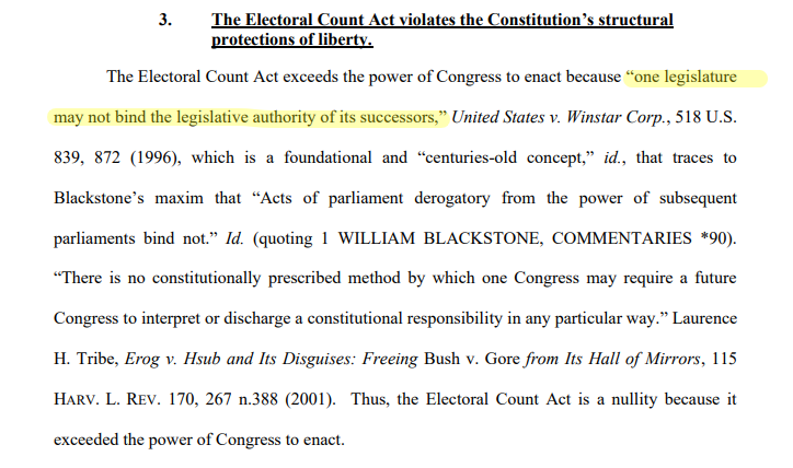 But also, they undermined the "can't bind subsequent congresses" argument with the completely unnecessary "speech and debate clause" section. Over there, you said that Congress counting votes wasn't "legislative". So how do you reconcile that with the highlighted quote?