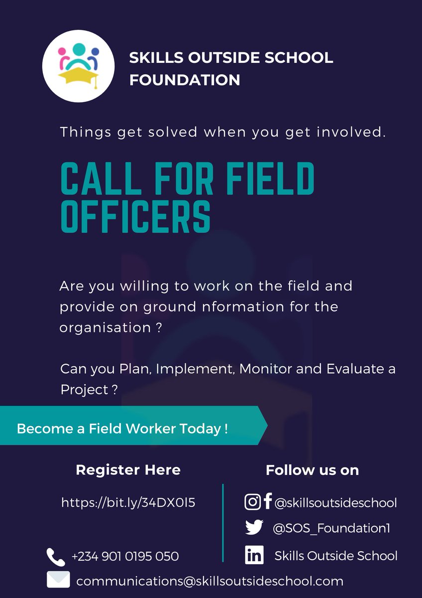 SOS_Foundation1's tweet photo. Are you willing to work on the field and provide on ground information for the organization?

Can you plan, implement, monitor and evaluate a project?

Become a field officer today.

Visit: https://t.co/AfsEzX4eBC to
Sign up now.
.
#fieldofficer #officer #fieldofficerlife #ground https://t.co/xyMVzzrAzw