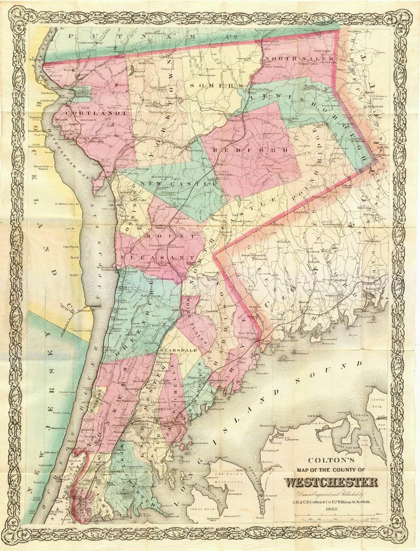 1867 map of Westchester County, NY. It includes The Bronx, which would be annexed to New York City (and NY County) in 1874 (West Bronx) and 1895 (East Bronx). At first part of NY County, Bronx became its own county in 1914.