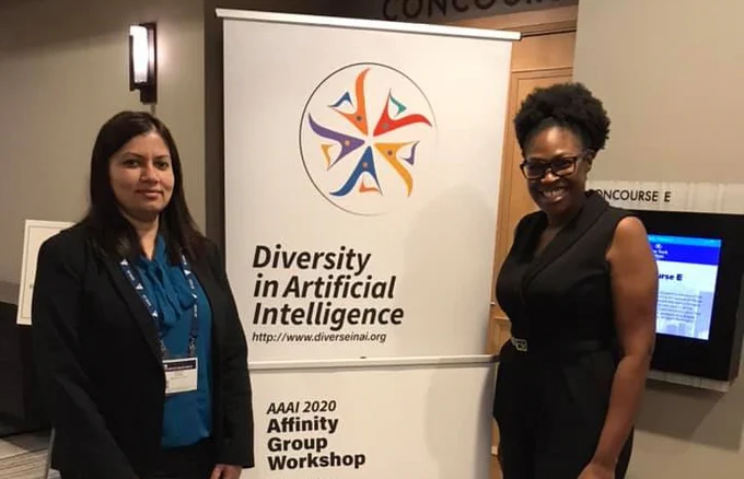 AAAI 2020 workshop co-chair D. Lamba with panelist Dr. Jessica Elmore of Kansas State University.