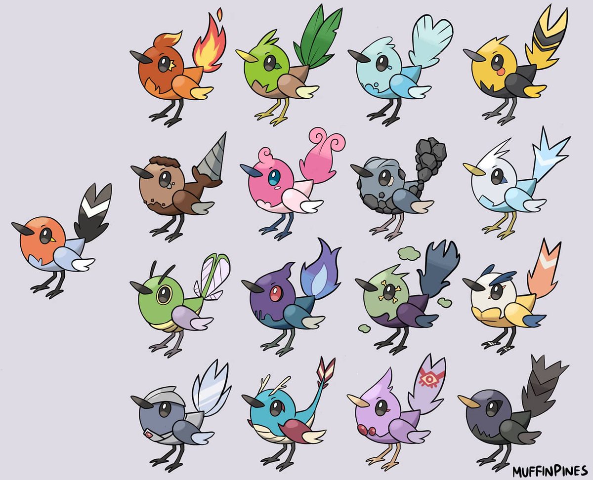 Tried to draw #fletchling in every other #pokemon type...