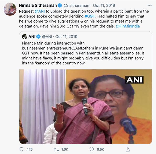 saumyaprakash90's tweet image. @nsitharaman ji Ani to upload the questions too.wherein audience spoke completely derding #GST