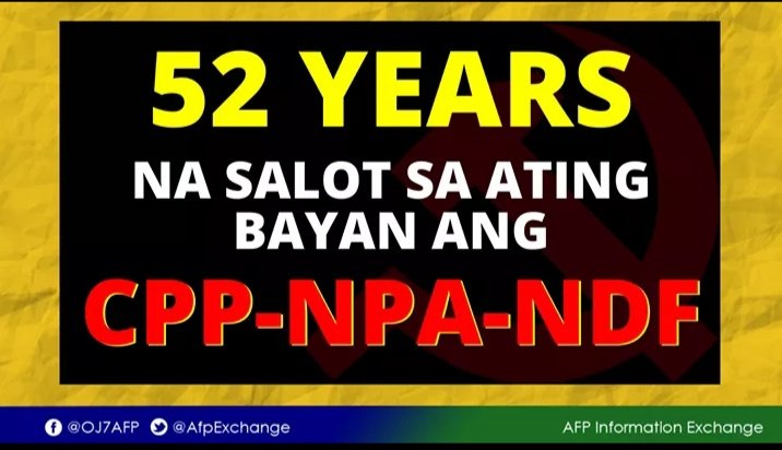 AfpVisayas's tweet photo. Tama na ang 52 taon ng panggugulo sa ating bayan!
Magkaisa na tayong kundinahin ang CPP-NPA-NDF patungo sa kapayapaan at kaunlaran! #AyawKoSaCPPNPANDF #GustoKoKapayapaan #YesToTruthTagging
https://t.co/zwtwxS9STZ https://t.co/kM2XVIx3Y3