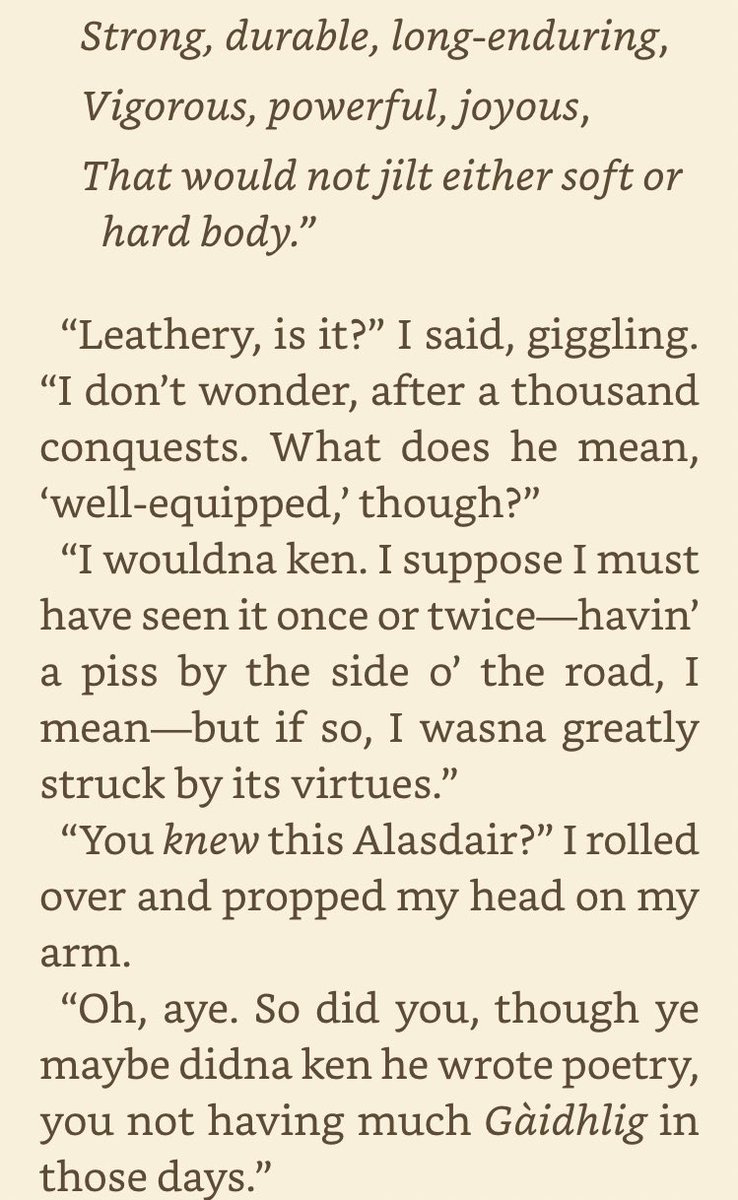 The chapter concludes with an ode to bagpipes by Alasdair Mac Mhaighstir Alasdair which sent me on a several book Kindle search. I wasn’t hallucinating. MOBY’s Ode to an Excellent Penis was by the same author: Prince Charlie’s Gaelic Tutor  #KrisReadsClanlands