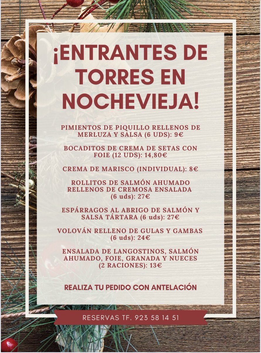Y en Nochevieja, qué entrantes poner 🫕🍜🍨???
Aquí tenemos unas sugerencias para ti, ese día no cocines, déjanoslo a nosotros! 🍾🍾
.
.
.
Llámanos y haz tu reserva:
☎️ 923 58 14 51 ☎️
hotel-torres.es