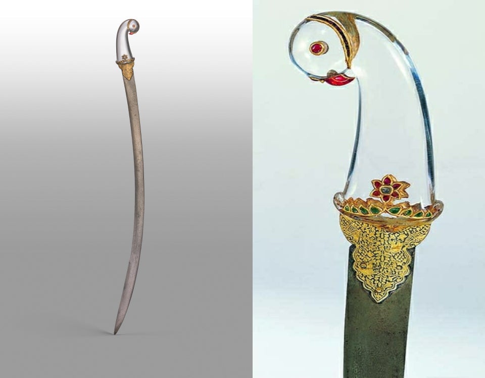 Sword with rock crystal parrot-headed hilt and gold damascene