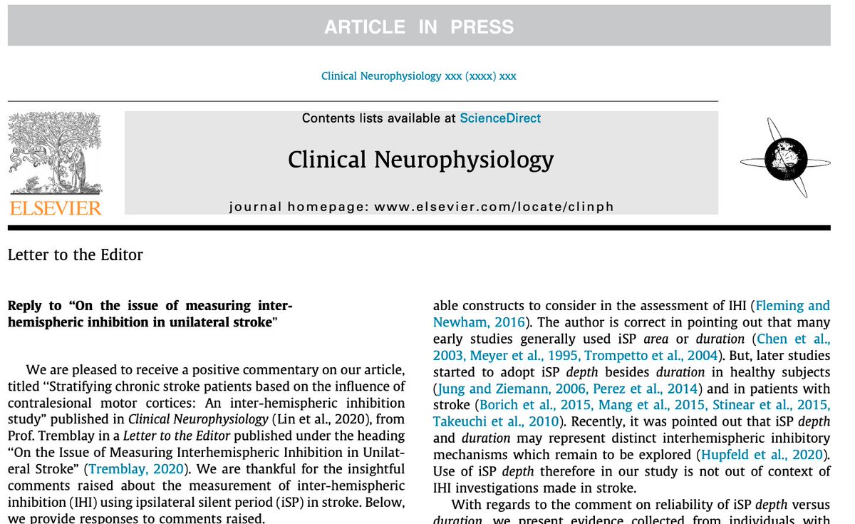 [Interhemispheric inhibition in unilateral stroke] Lin et al.: "Mechanisms are only as good as the measurements used to assay them."

doi.org/10.1016/j.clin…

#ClinicalNeuroph #Stroke <a href="/ClevelandClinic/">Cleveland Clinic</a>