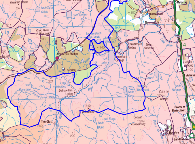 This whole area is largely owned by Lord Thurso (himself and via the family trust) as a conservation/sporting estate. RSPB own Carn nam Muc and Blar nam Faoiloag (bought from Sinclair). Latheronwheel estate on the A9. And Securities Management Trust Ltd owning the forestry.