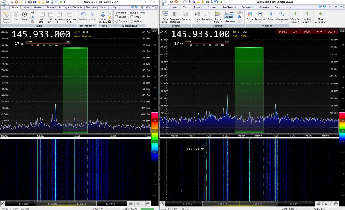 amsat_sm's tweet image. Why not two #airspy at the same time with two #sdrconsole instances. Yes I know the splitter is a crap unit... #hamradio #sdr