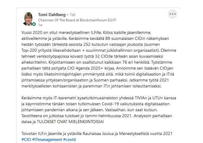 ICT_Leaders's tweet photo. #ILF'n puheenjohtajan @TomiDahlberg'n jouluterveyhdys ja #CIOAgenda2020Plus -kirjan tilannepäivitys https://t.co/1QZEyp39Qh.  #HyvääITJohtamista #CIO #MerkityksellisiäKohtaamisia https://t.co/60fwLa4B7q