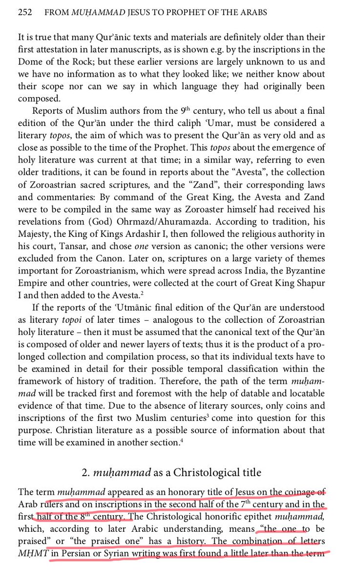 8/n Ohlig establishes that the term “Muhammad” was honorary title of Jesus on the coinage of Arab rulers and on inscriptions in the second half of the 7th century and in the first half of the 8th century. Check for the early coins of Abd-Al-Malik (Image 3).