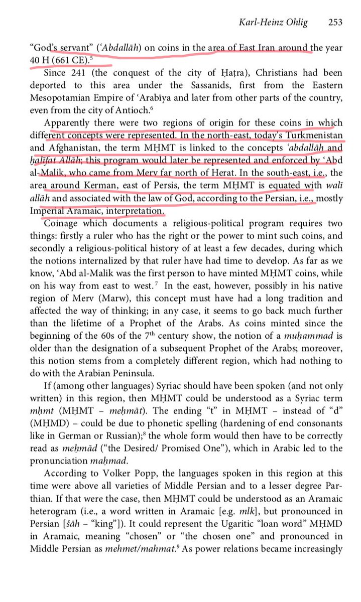 10/n Observe carefully. Ohligh mentions whole sequence for this. Before Mhmt appears on coin, “Abdallah” servant of “God” had already appeared on coins in East Iran. //Why no Muhammad but “Abdallah”. If Islam is already there & has perhaps a coin then why no “Muhammad”?//