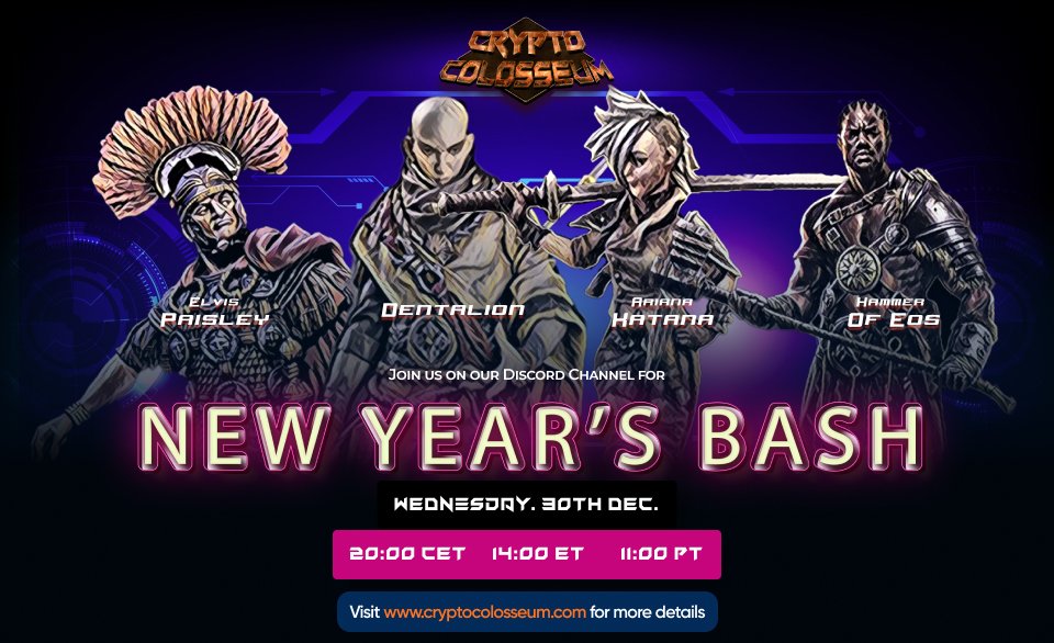 CryptoColosseum's tweet image. Join us for the New Year&apos;s Bash tournament! A new gladiator joins the fight.

20h CET, 2pm ET, 11am PT
discord.gg/Z2S3EtQKCn