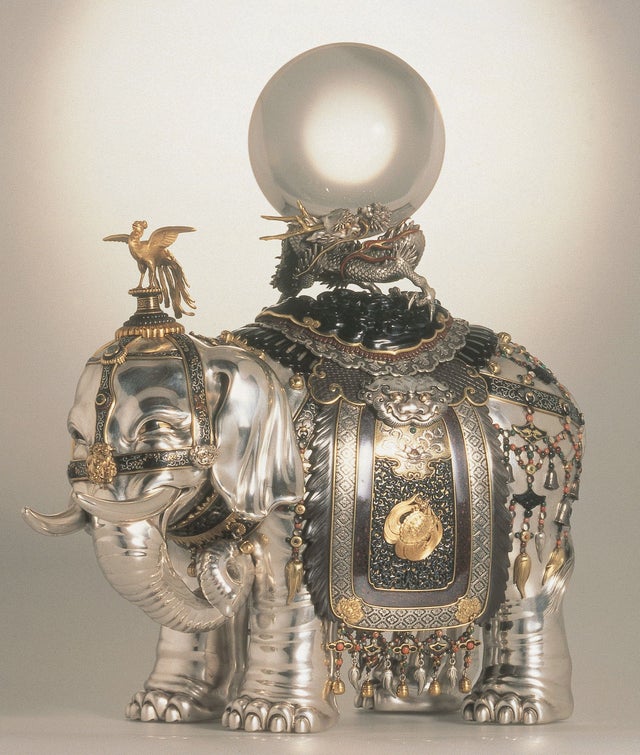 A japanese silver incense burner in the form of an elephant. Meiji period, 1890