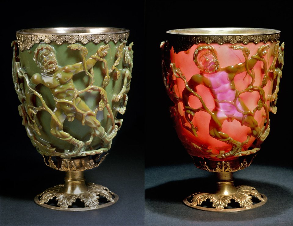 The Lycurgus cup: ancient Roman cage cup, which changes colour depending on the light that shines on it. Rome, 400 A.D