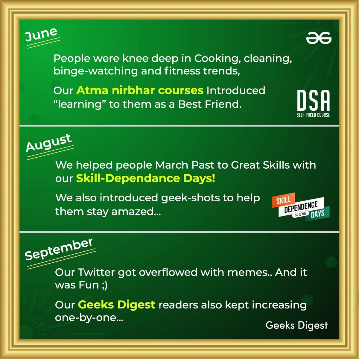 geeksforgeeks's tweet image. Here's a Peek at what the Geeks were upto this Year! 
.
.
And a Promise that we will Welcome the New Year together with a Bang! 🌟
.
.
𝘚𝘵𝘢𝘺 𝘛𝘶𝘯𝘦𝘥 𝘧𝘰𝘳 𝘢 𝘎𝘳𝘦𝘢𝘵 𝘚𝘶𝘳𝘱𝘳𝘪𝘴𝘦! 😌
.
.
#Flashback2020 
#ResolutionDays2021 #gfg #learntocode #onlinelearning