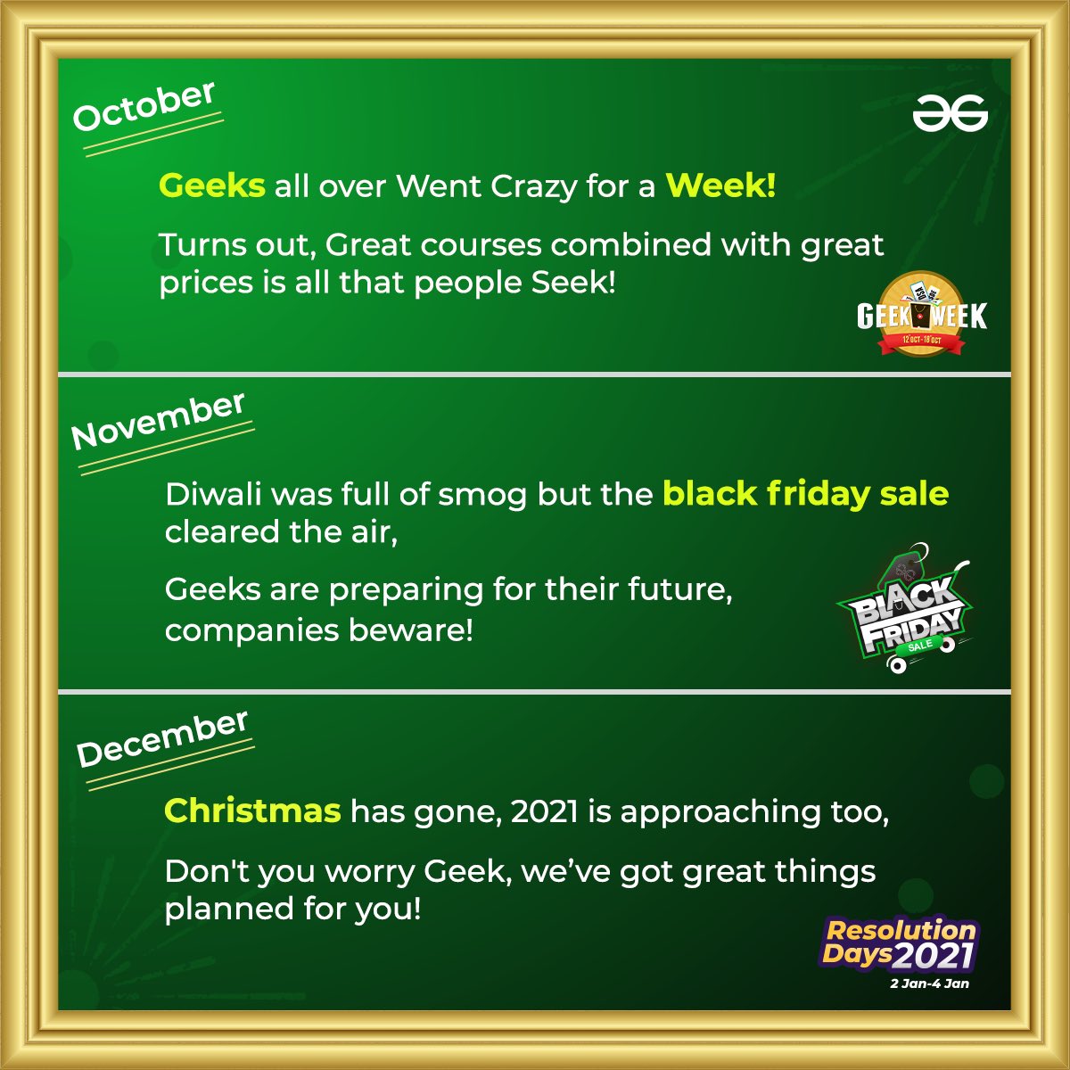 geeksforgeeks's tweet image. Here's a Peek at what the Geeks were upto this Year! 
.
.
And a Promise that we will Welcome the New Year together with a Bang! 🌟
.
.
𝘚𝘵𝘢𝘺 𝘛𝘶𝘯𝘦𝘥 𝘧𝘰𝘳 𝘢 𝘎𝘳𝘦𝘢𝘵 𝘚𝘶𝘳𝘱𝘳𝘪𝘴𝘦! 😌
.
.
#Flashback2020 
#ResolutionDays2021 #gfg #learntocode #onlinelearning