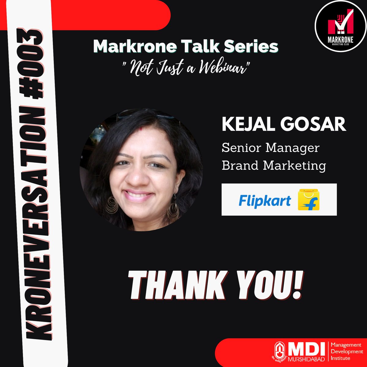 MDIM_Official's tweet photo. It was a pleasure to host Ms. Kejal Gosar, Senior Manager, Brand Marketing, Flipkart for the third chapter of #Kroneversation by Markrone, The Marketing club of #MDIMurshidabad on the 27th of December 2020.
#MDIM #ManDevIans #Marketing #MDI https://t.co/cstWSl31gV