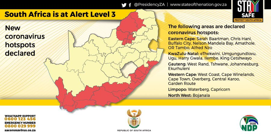 GovernmentZA's tweet photo. Municipalities defined as hotspots will be subject to additional restrictions until there is a clear and sustained decline in infections. #ProtectSouthAfrica #StaySafe https://t.co/ZWG26PYs8W