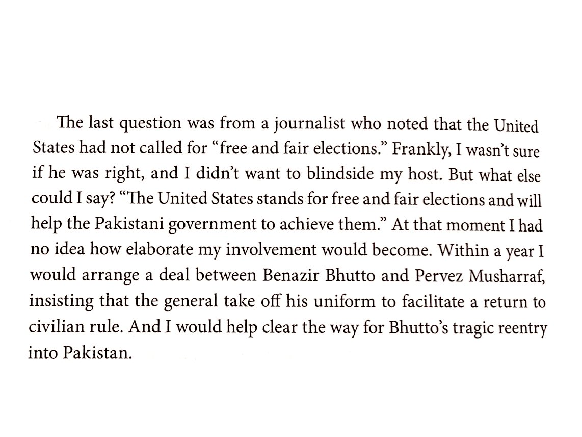BB return in 2007 was not about restoring democracy. Former US Sec of State Condoleezza Rice in her book ‘No Higher Honour’ says she brokered a deal (NRO) between BB and Musharraf where all corruption cases against BB were said to be dismissed to pave way for her return.