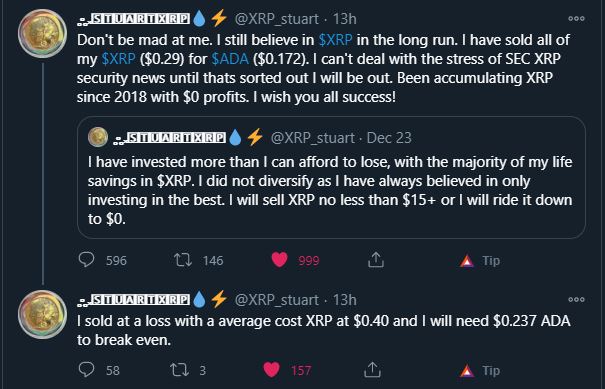 See a representative example, XRP_Stuart, a well know researcher, years researching XRP and posting content about it and suddenly forgets everything he read, thought, saw and sells for a random cryptocurrency. He must have his reason, for sure. 11/*