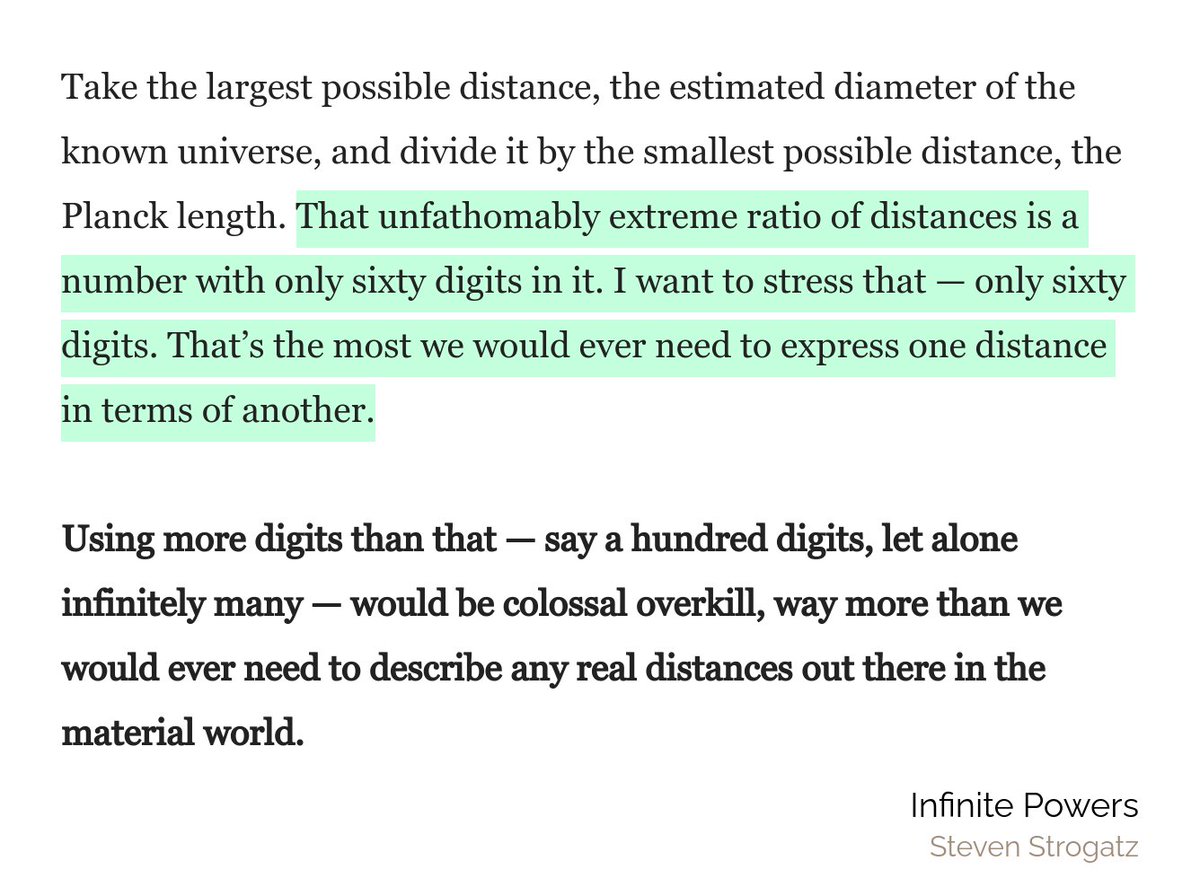 When I read paragraphs like this, it completely shatters my notions of what is "real" or not. 60 digits to express the widest extremes of the universe?!Then you read about things like Graham's Number and your head starts to hurt. https://waitbutwhy.com/2014/11/1000000-grahams-number.html