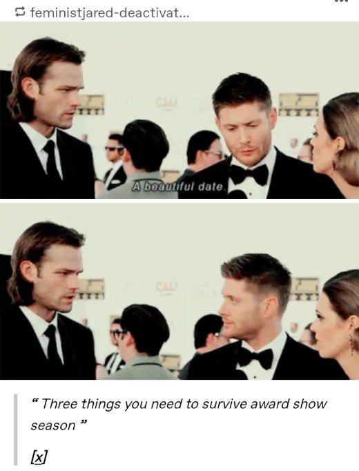Jensen took his wife to an award, Jared looked pissed the whole time. To fix it, Jensen tried to flatter his man, until he realized he wasn't there with Jared as his date, but with Danneel lol