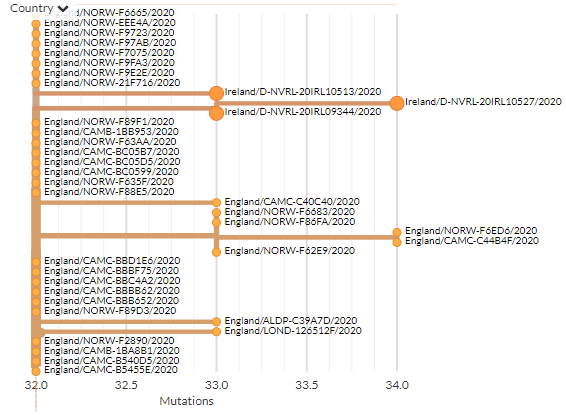 Zooming in to the 3 that cluster together (divergence view), shows it can be difficult to distinguish introductions sometimes, especially as we expect strong travel links between the UK & Ireland, & may only be sampling the total diversity present in Ireland.4/8