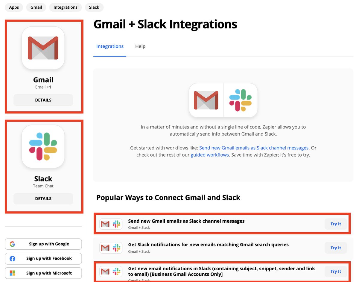 (3) You immediately hit a dedicated landing page for connecting Gmail to Slack. Embedded here is also:  > Landing page just for Gmail > Landing page just for Slack  > Landing page(s) for each individual “zap” connection
