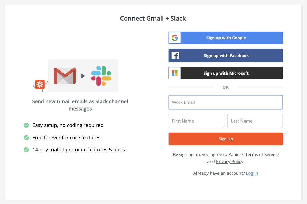 (5) Once you choose your connection you head off to a specific integration page vs a “general” sign-up page (meaning Zapier must have thousands of these sign-up pages)Within a few clicks you can connect the tools via a zap and are essentially onboarded as a  @zapier customer