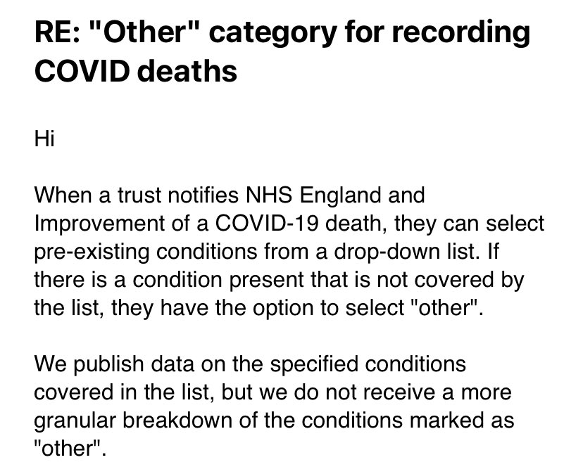 I reached out to the NHS to clarify if they had any more granular data on the “other” category. It’s a drop down menu for trusts to upload so there’s no detail beyond that: