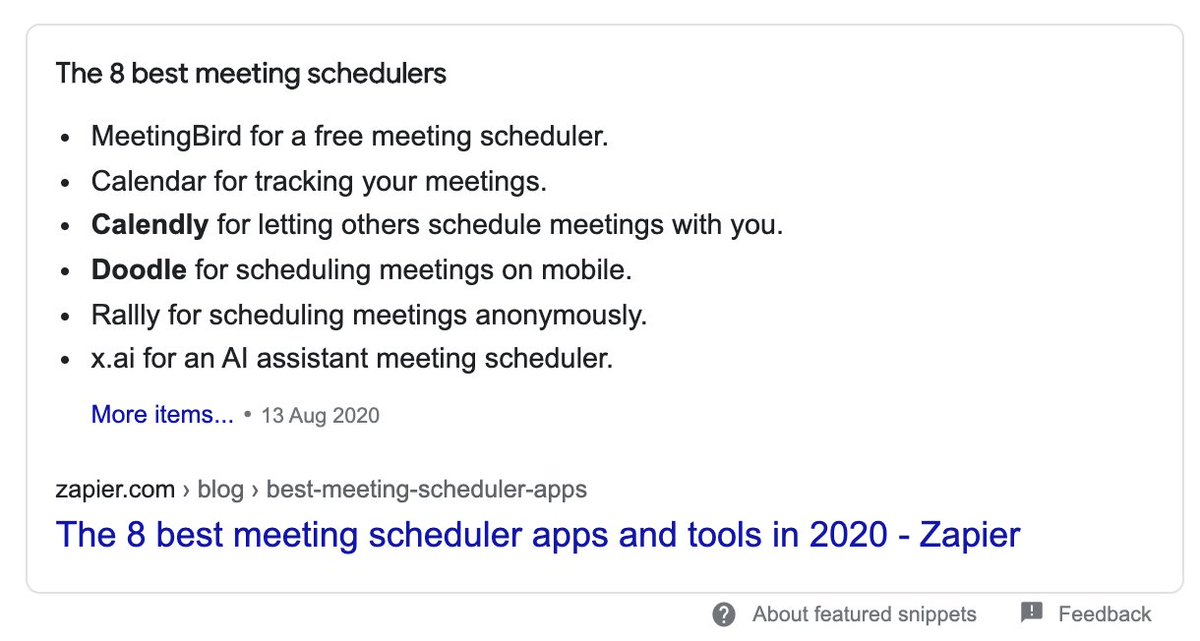 (8) so that’s step 1 for customers that already know which tools to connect.  @zapier then targets top-of-funnel/discovery customers searching for the tools/apps themselves - things like “best meeting scheduler tool” ranking as the SERP: