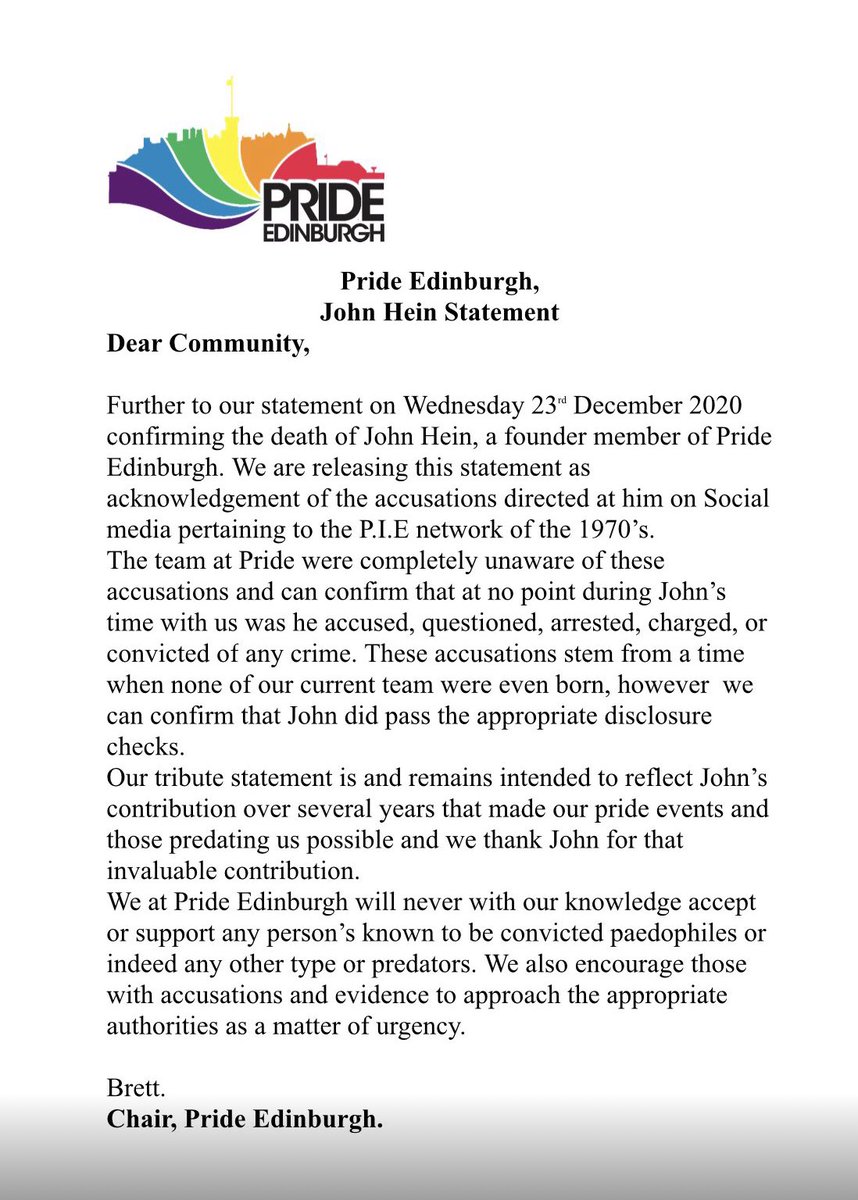 _Leyanelle_'s tweet photo. Pride Edinburgh says that since John Hein, one of the founders of the Paedophile Information Exchange, was never convicted of paedophilia, they stand by him &amp; their eulogising of him. What a hill to die on, makes you seriously question who’s involved in running this org. #capture https://t.co/kP15TWA304