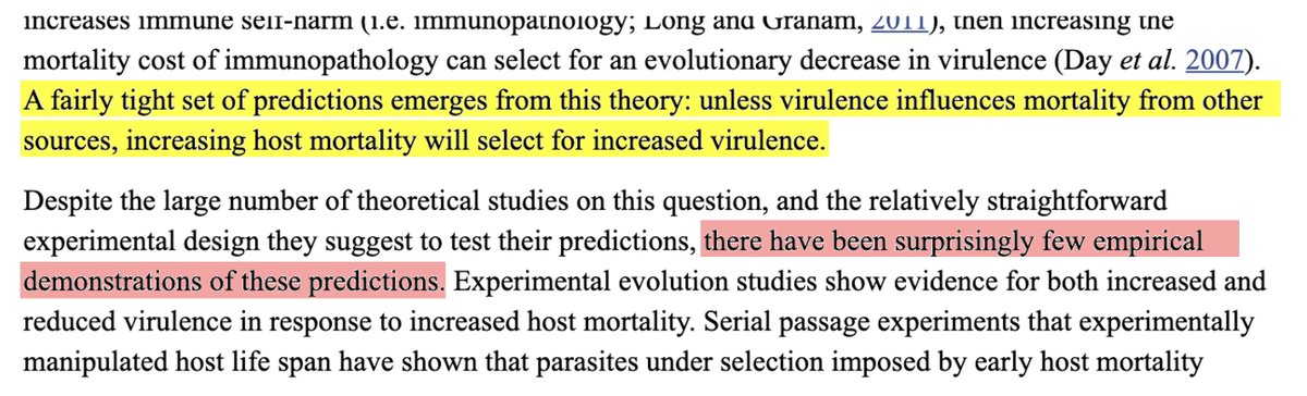 2. The evidence of the transmission-virulence tradeoff theory is not that clear. This fantastic paper explains it well. https://www.ncbi.nlm.nih.gov/pmc/articles/PMC4873896/