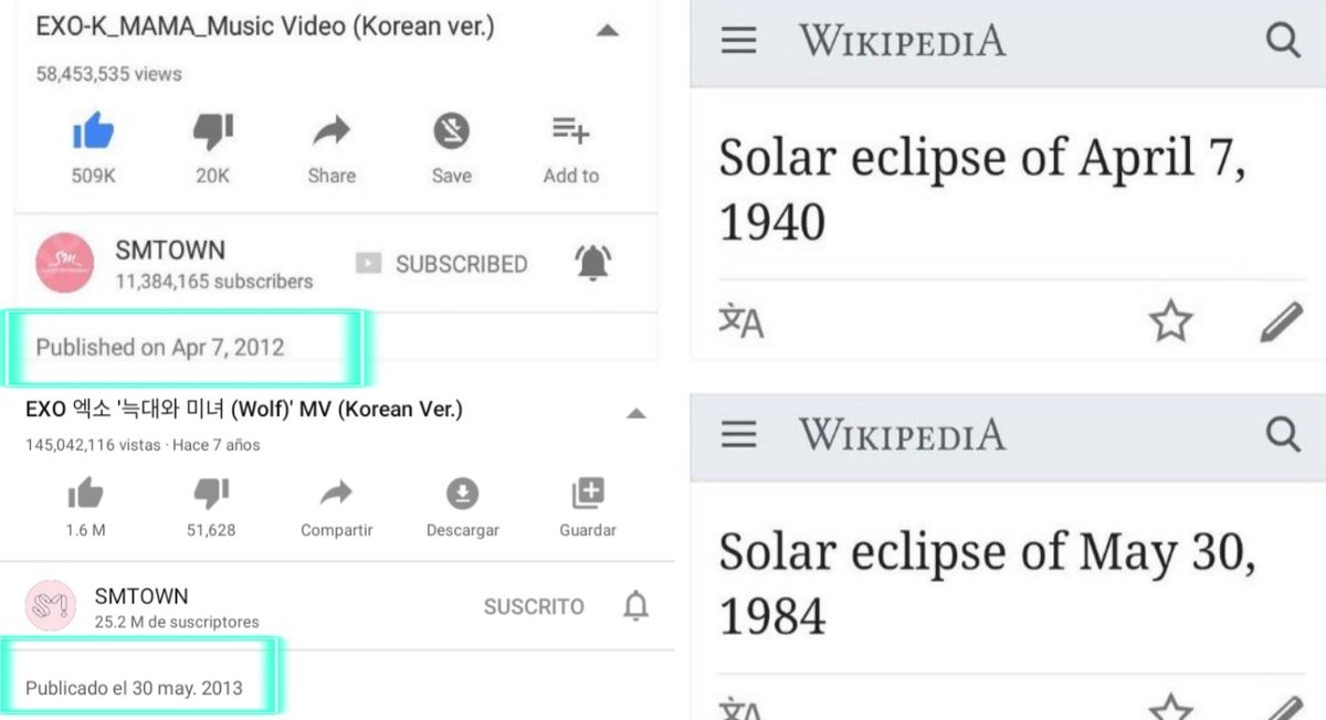 Así que la mayoría de cada MV que se libera es el día de un eclipse. Hasta con el comeback más reciente del nuevo solista Kai, su fecha de debut coincidió con un eclipse.¿Mucha coincidencia no?! 