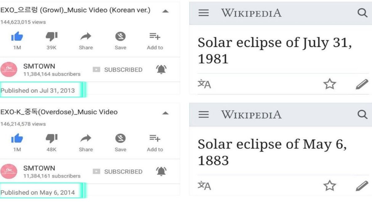 Así que la mayoría de cada MV que se libera es el día de un eclipse. Hasta con el comeback más reciente del nuevo solista Kai, su fecha de debut coincidió con un eclipse.¿Mucha coincidencia no?! 