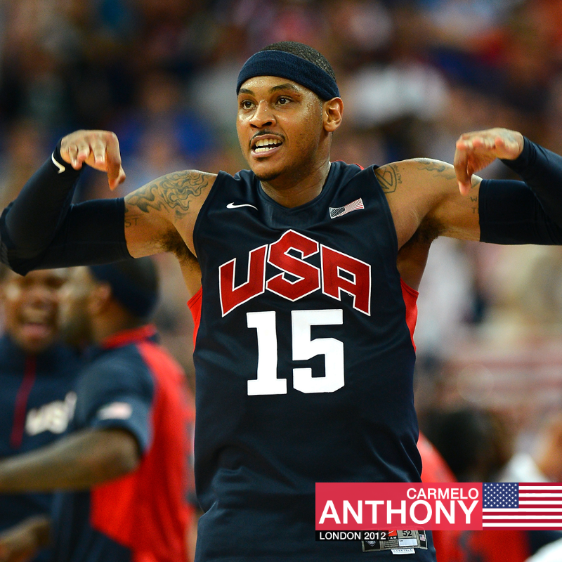 Olympics's tweet photo. The ONLY three-time Olympic champ in men’s basketball - @CarmeloAnthony. 🏀