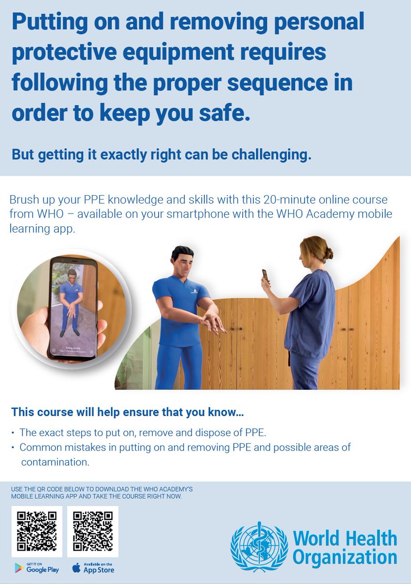 efsumb_kosmos's tweet image. If you're a #healthworker, stay safe from #COVID19 -learn or refresh your PPE skills with the free @WHO #AugmentedReality#PPE training. Get the #WHOAcademyapp and take the course today! Stay safe. Stay well.  whoa.page.link/ARPPE