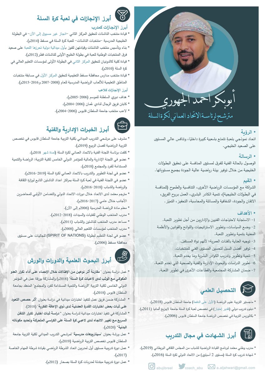 coach_abu's tweet photo. (وما مكني فيه ربي خير.)

بسم الله ومن بعد التوكل على الله عزمت الترشح لمنصب رئيس مجلس إدارة الإتحاد العماني لكرة السلة @OmanBasketball في الدورة القادمة (2024-2021)م
اللهم رضّني بقضائك، وبارك لي فيما قُدّرَ لي وعافني فيما أبقيت حتى لا أحب تعجيل ما أخّرت ولا تأخير ما عجّلت.

يتبع https://t.co/wofpOMubjU