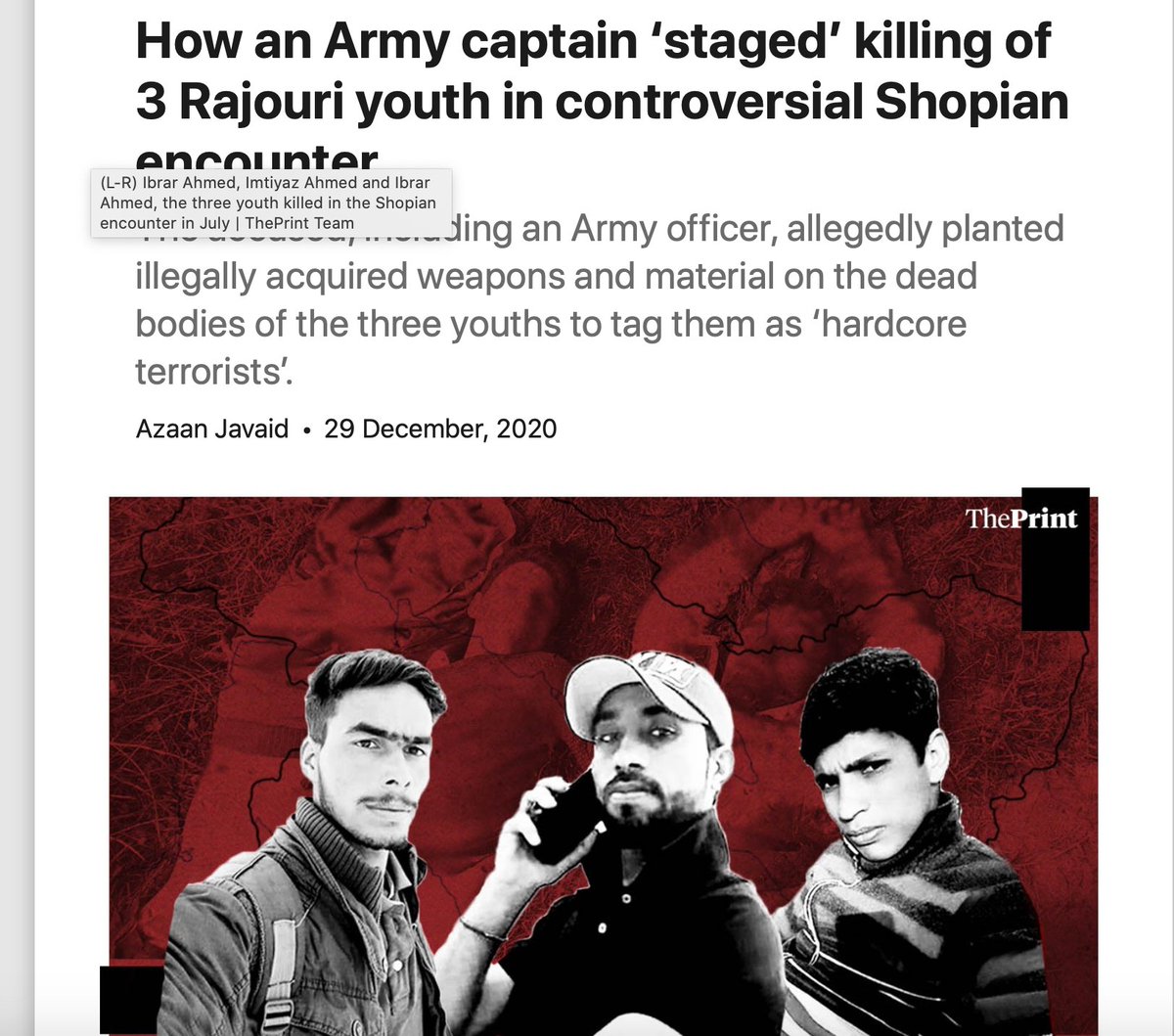 भारतीय सेना के राष्ट्रीय राइफ़ल्ज़ के कप्तान भूपेन्द्र सिंघ ने 3 कश्मीरी युवाओं को अपने घर से अगवा किया, उनकी हत्या की और हत्या को "आतंकियों के साथ एंकाउंटर" बताया. क्या ऐसी हरकत भारत के संविधान के टुकड़े टुकड़े करना नहीं है? कितने न्यूज़ चैनल इन्हें "देश द्रोही" कहेंगे?