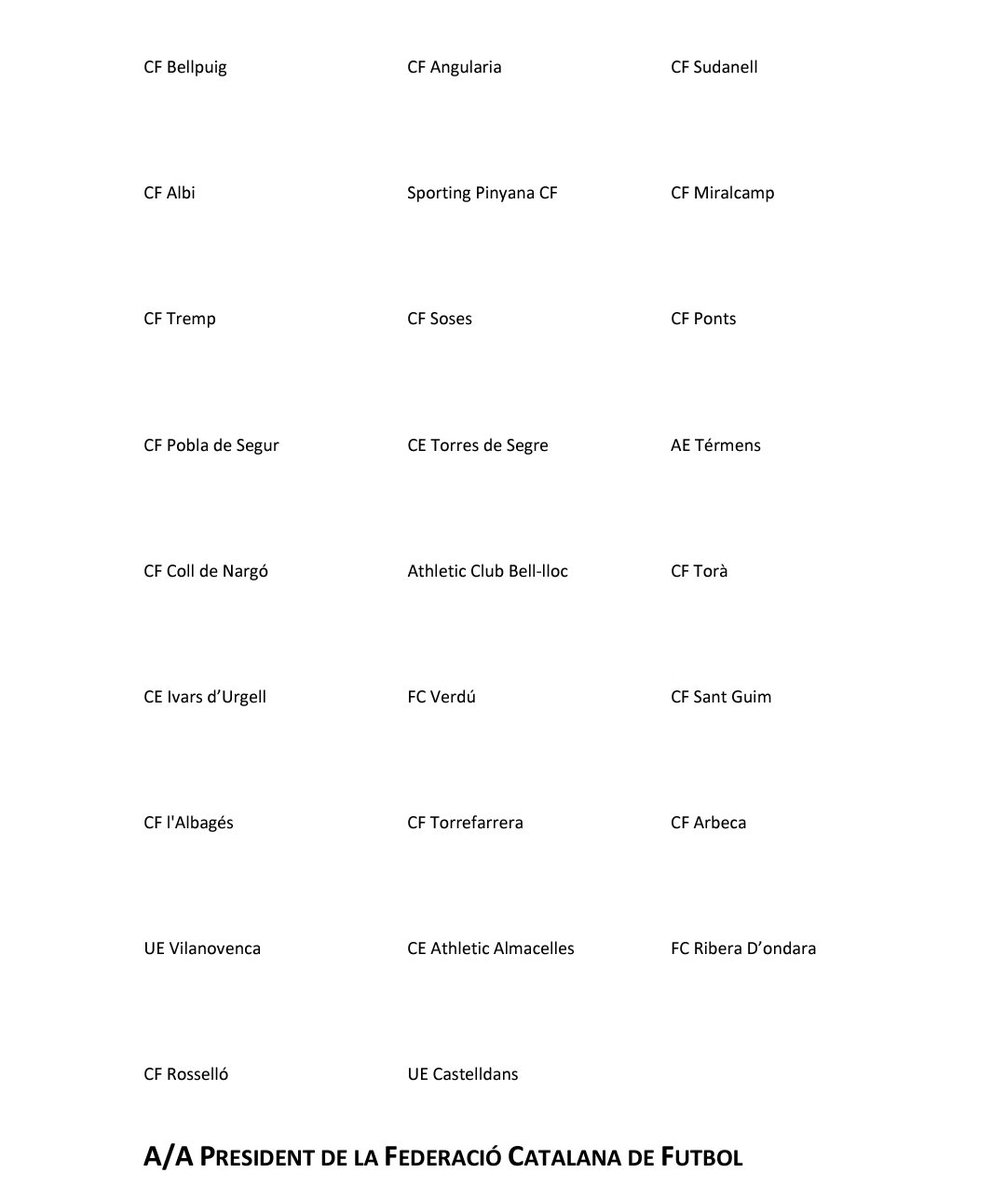 COMUNICAT
Comunicat conjunt emès per diferents clubs de la provincia de Lleida a la <a href="/FCF_CAT/">Federació Catalana de Futbol</a> .